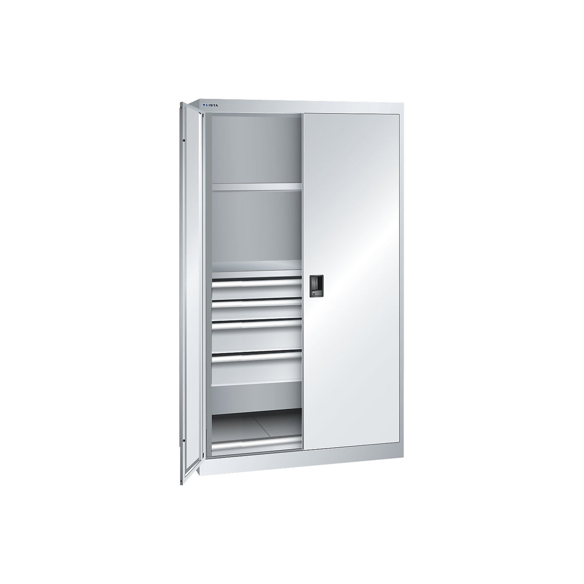 ESD heavy-duty cupboard, h 1950 mm, 2 shelves, 4 drawers, 1 pull-out shelf, WxD 1100 x 641 mm, light grey.
