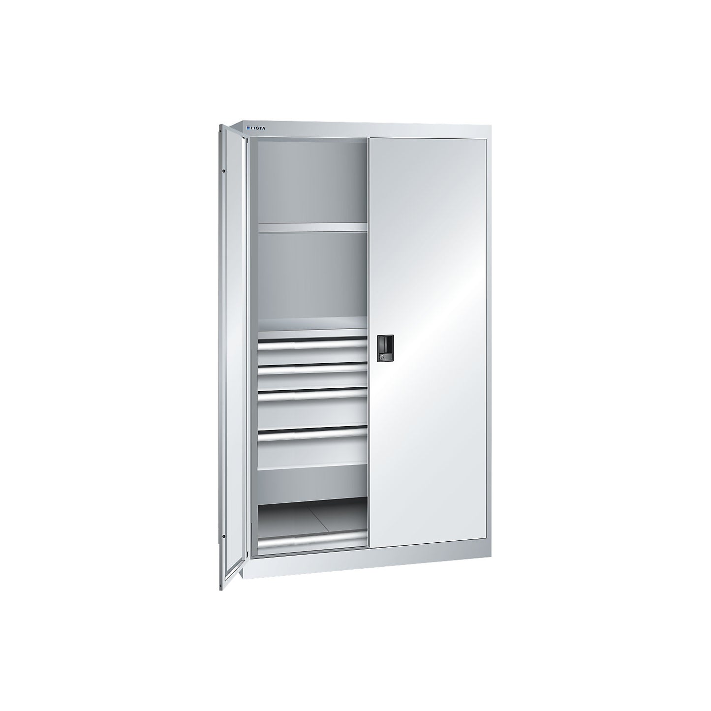 ESD heavy-duty cupboard, h 1950 mm, 2 shelves, 4 drawers, 1 pull-out shelf, WxD 1100 x 641 mm, light grey.