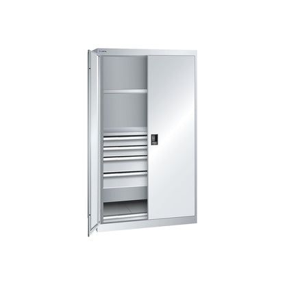 ESD heavy-duty cupboard, h 1950 mm, 2 shelves, 4 drawers, 1 pull-out shelf, WxD 1100 x 641 mm, light grey.