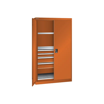ESD heavy-duty cupboard, h 1950 mm, 2 shelves, 4 drawers, 1 pull-out shelf, WxD 1100 x 641 mm, orange.