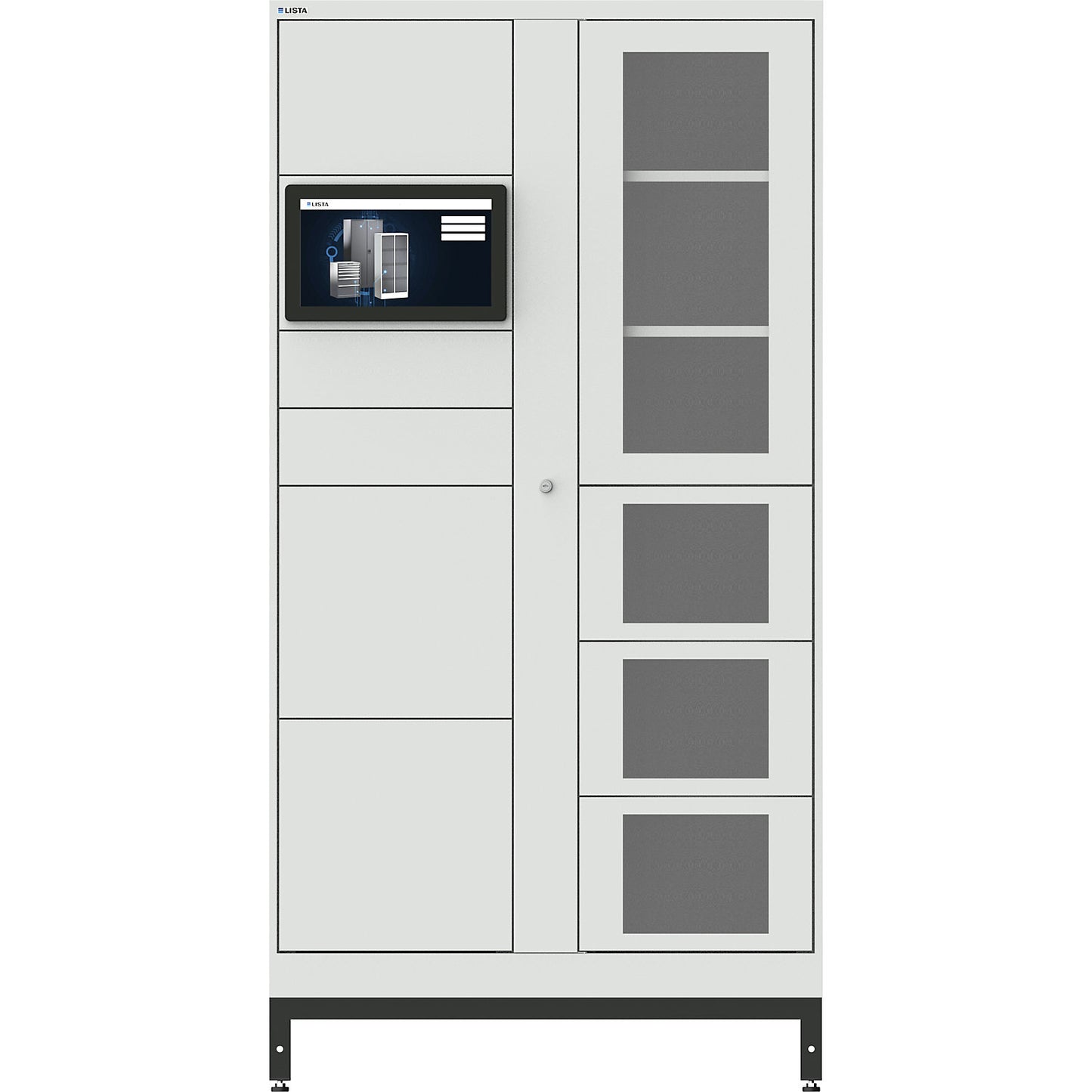 E-Multicabinet compartment locker, basic module, incl. PC and touchscreen, HxWxD 1970 x 1000 x 580 mm, 1 x 5/1 x 4 compartments, light grey, PIN.
