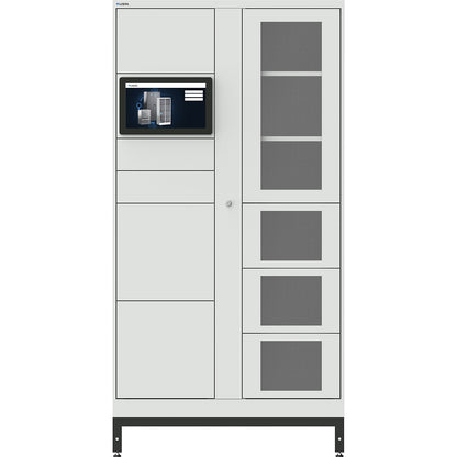 E-Multicabinet compartment locker, basic module, incl. PC and touchscreen, HxWxD 1970 x 1000 x 580 mm, 1 x 5/1 x 4 compartments, light grey, PIN.