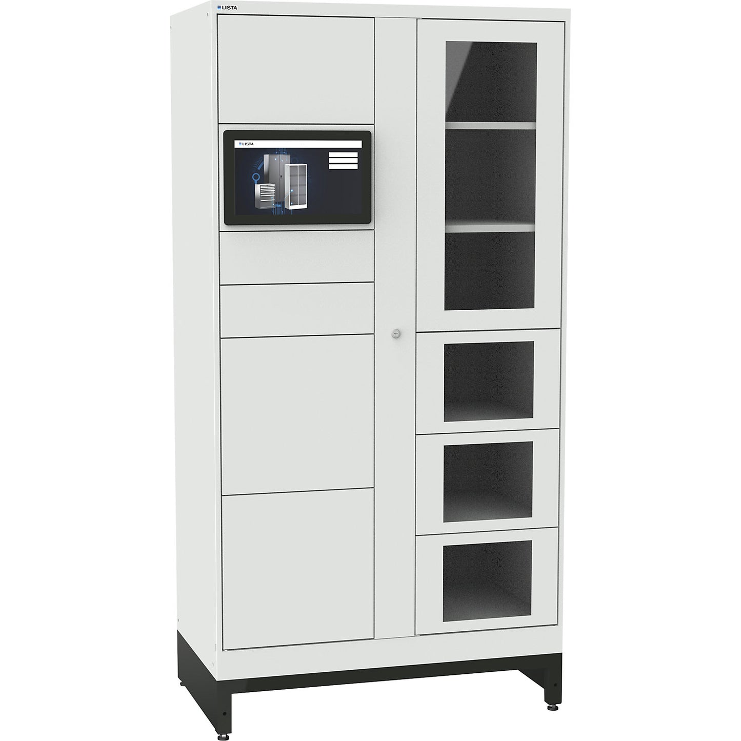 E-Multicabinet compartment locker, basic module, incl. PC and touchscreen, HxWxD 1970 x 1000 x 580 mm, 1 x 5/1 x 4 compartments, light grey, PIN.