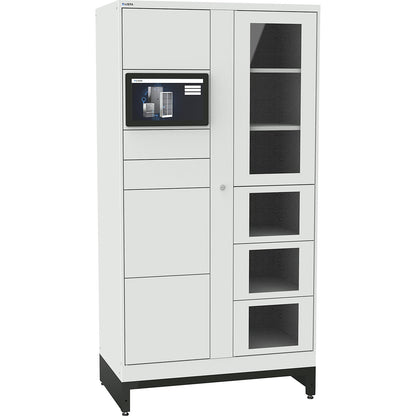 E-Multicabinet compartment locker, basic module, incl. PC and touchscreen, HxWxD 1970 x 1000 x 580 mm, 1 x 5/1 x 4 compartments, light grey, PIN.