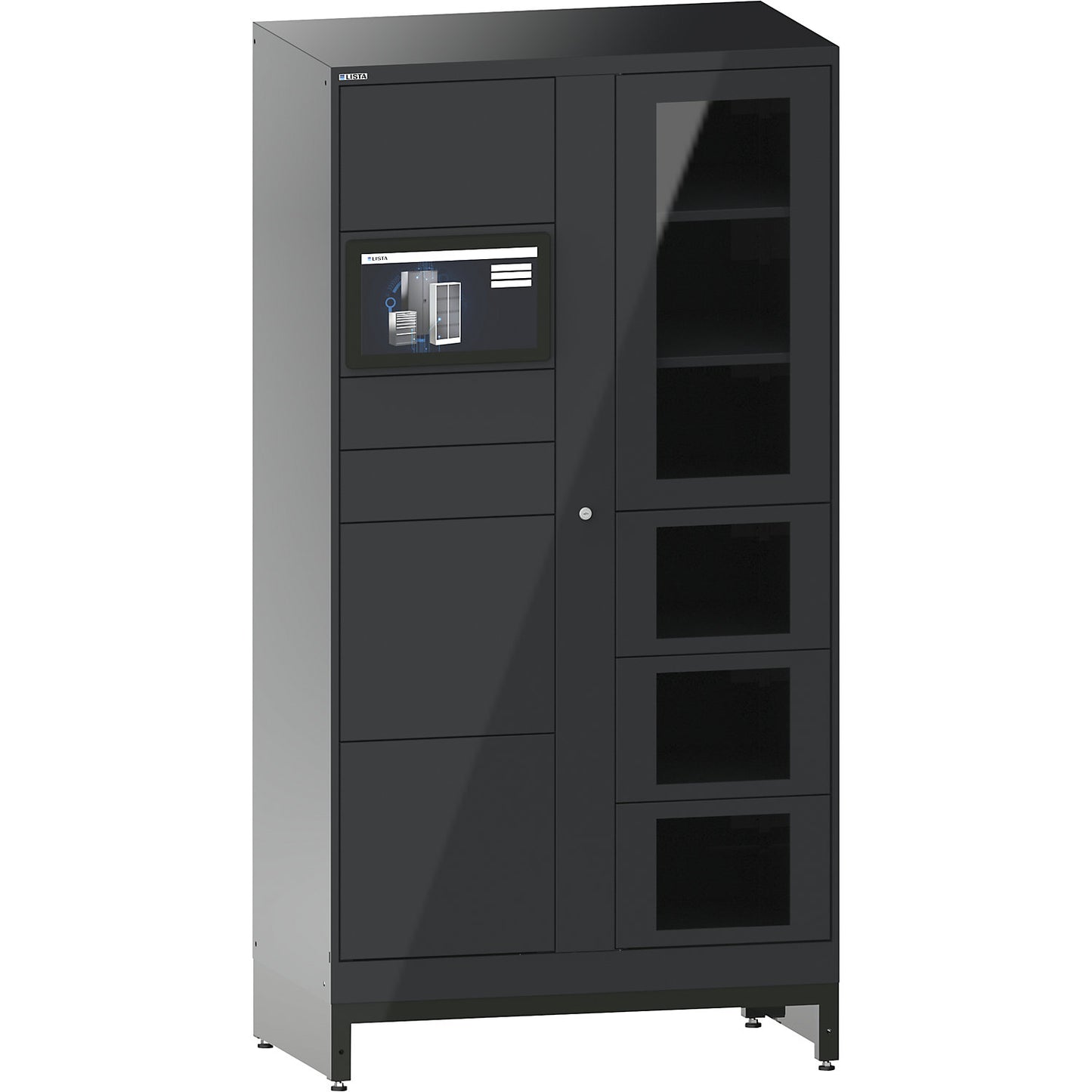 E-Multicabinet compartment locker, basic module, incl. PC and touchscreen, HxWxD 1970 x 1000 x 580 mm, 1 x 5/1 x 4 compartments, charcoal, PIN.