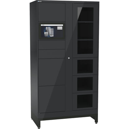 E-Multicabinet compartment locker, basic module, incl. PC and touchscreen, HxWxD 1970 x 1000 x 580 mm, 1 x 5/1 x 4 compartments, charcoal, PIN.