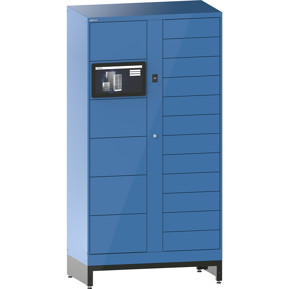 E-Multicabinet compartment locker, basic module, incl. PC and touchscreen, HxWxD 1970 x 1000 x 580 mm, 1 x 5/1 x 12 compartments, light blue, RFID.