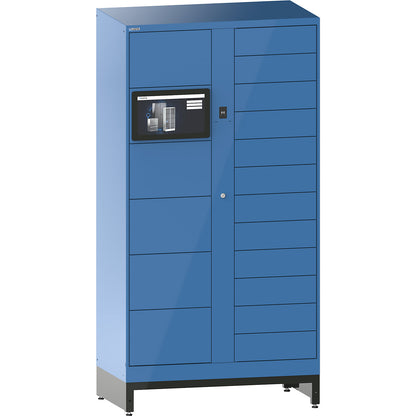 E-Multicabinet compartment locker, basic module, incl. PC and touchscreen, HxWxD 1970 x 1000 x 580 mm, 1 x 5/1 x 12 compartments, light blue, RFID.