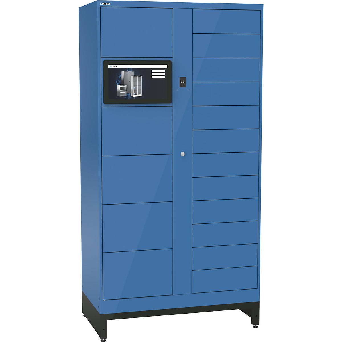 E-Multicabinet compartment locker, basic module, incl. PC and touchscreen, HxWxD 1970 x 1000 x 580 mm, 1 x 5/1 x 12 compartments, light blue, RFID.