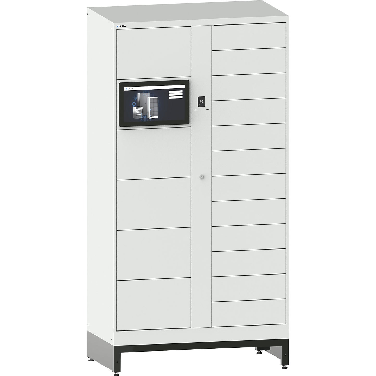E-Multicabinet compartment locker, basic module, incl. PC and touchscreen, HxWxD 1970 x 1000 x 580 mm, 1 x 5/1 x 12 compartments, light grey, RFID.