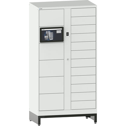 E-Multicabinet compartment locker, basic module, incl. PC and touchscreen, HxWxD 1970 x 1000 x 580 mm, 1 x 5/1 x 12 compartments, light grey, RFID.