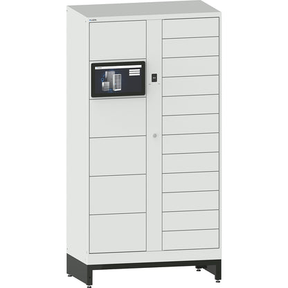 E-Multicabinet compartment locker, basic module, incl. PC and touchscreen, HxWxD 1970 x 1000 x 580 mm, 1 x 5/1 x 12 compartments, light grey, RFID.