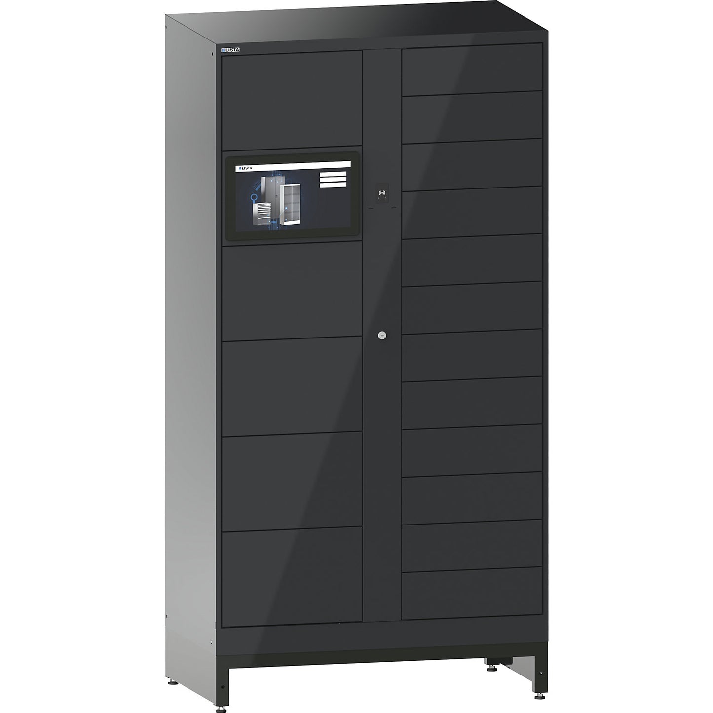 E-Multicabinet compartment locker, basic module, incl. PC and touchscreen, HxWxD 1970 x 1000 x 580 mm, 1 x 5/1 x 12 compartments, charcoal, RFID.