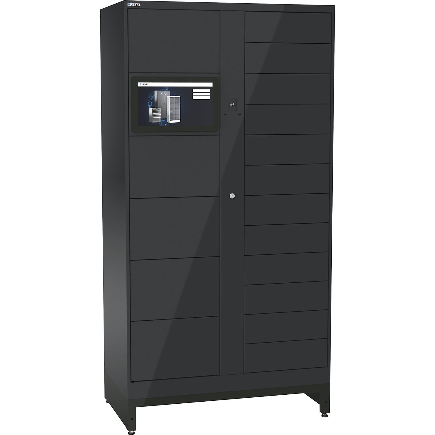 E-Multicabinet compartment locker, basic module, incl. PC and touchscreen, HxWxD 1970 x 1000 x 580 mm, 1 x 5/1 x 12 compartments, charcoal, RFID.