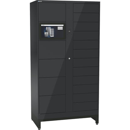 E-Multicabinet compartment locker, basic module, incl. PC and touchscreen, HxWxD 1970 x 1000 x 580 mm, 1 x 5/1 x 12 compartments, charcoal, RFID.
