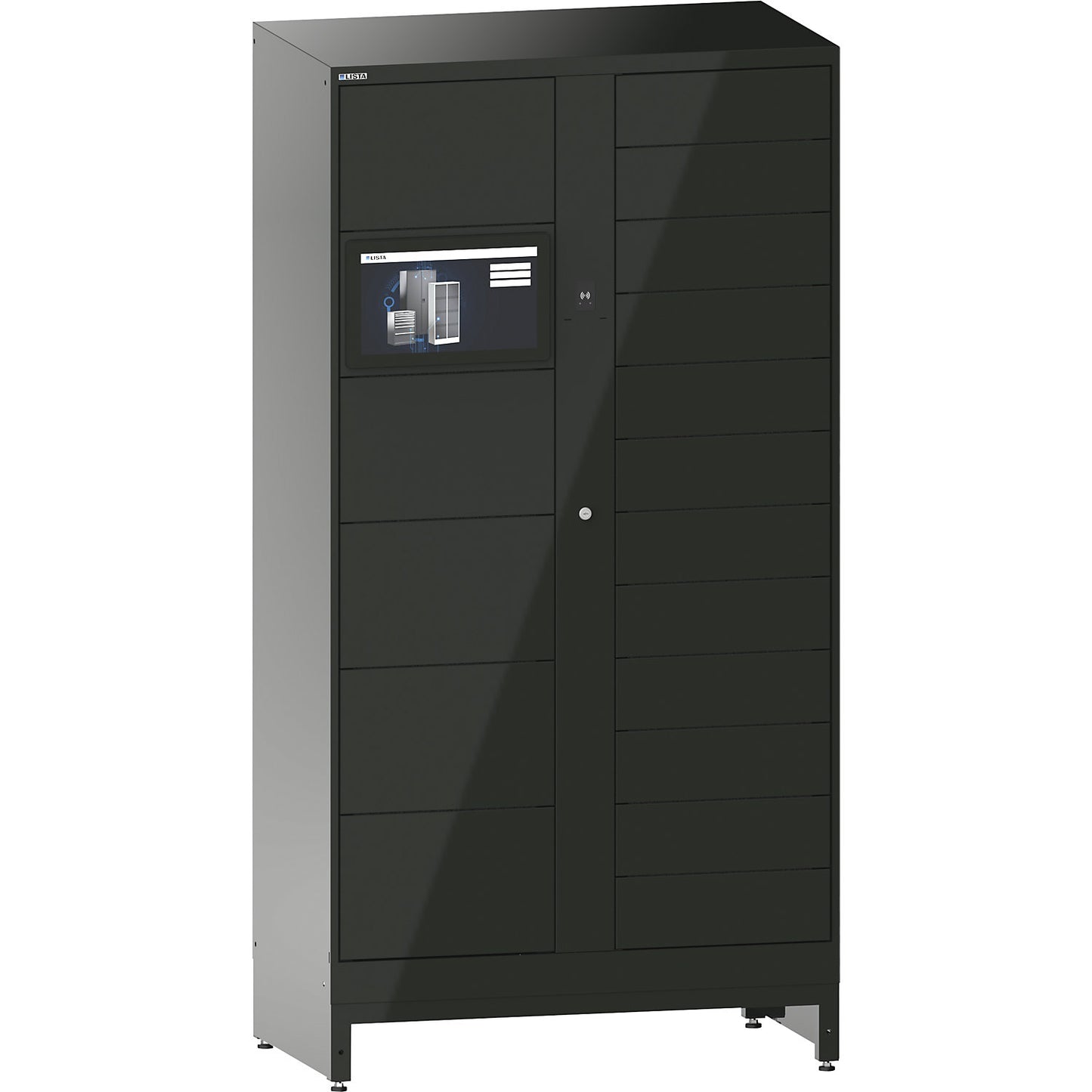 E-Multicabinet compartment locker, basic module, incl. PC and touchscreen, HxWxD 1970 x 1000 x 580 mm, 1 x 5/1 x 12 compartments, black, RFID.