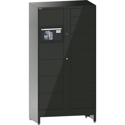 E-Multicabinet compartment locker, basic module, incl. PC and touchscreen, HxWxD 1970 x 1000 x 580 mm, 1 x 5/1 x 12 compartments, black, RFID.