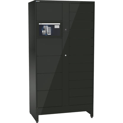 E-Multicabinet compartment locker, basic module, incl. PC and touchscreen, HxWxD 1970 x 1000 x 580 mm, 1 x 5/1 x 12 compartments, black, RFID.