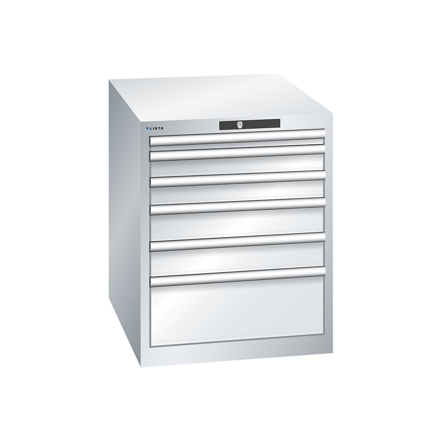 ESD drawer cupboard, WxDxH 564 x 725 x 700 mm, 6 drawers, max. load 75 kg, light grey.
