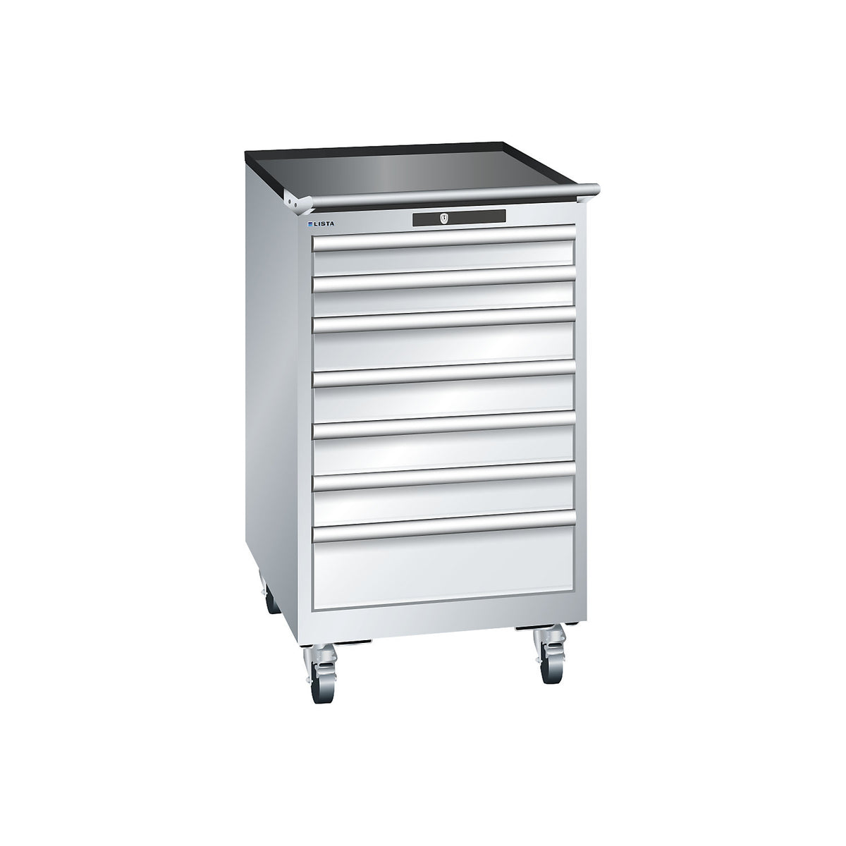 ESD drawer cupboard, mobile, WxDxH 564 x 725 x 990 mm, 7 drawers, 2 x 75 / 4 x 100 / 1 x 150 mm, light grey.