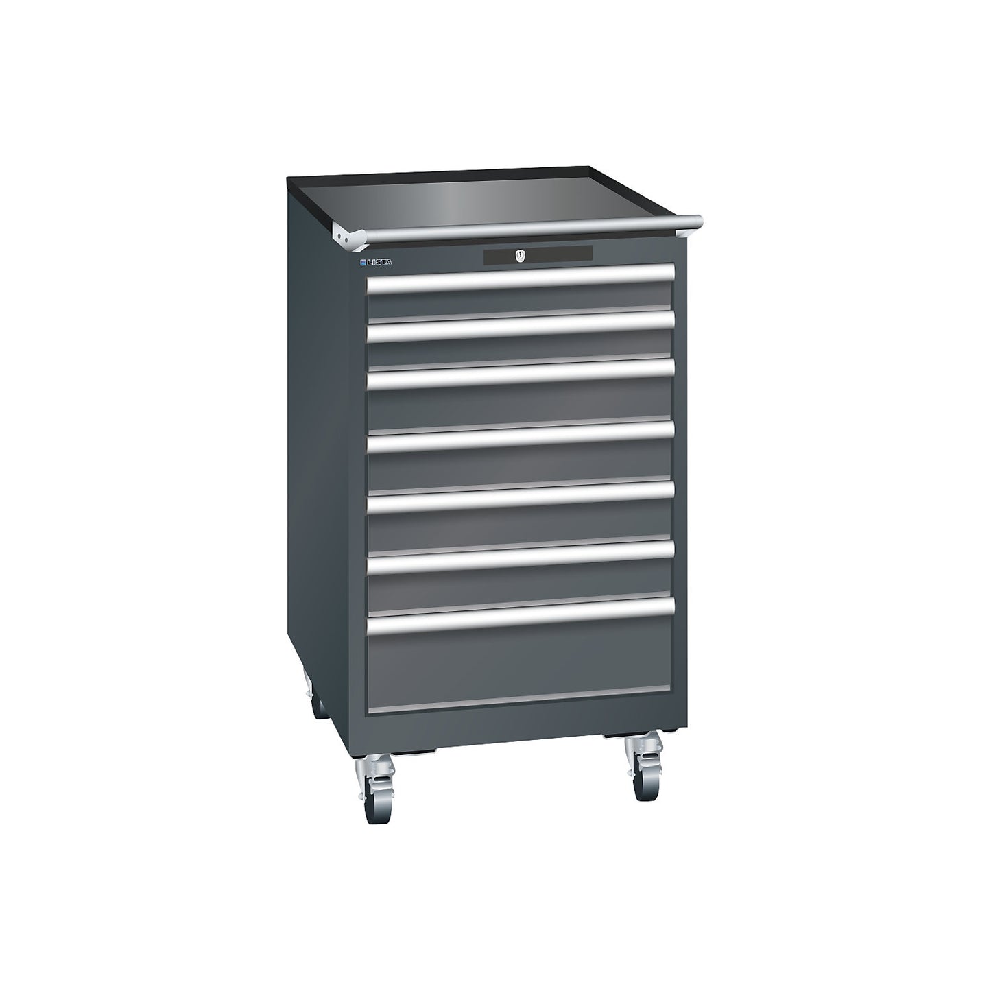 ESD drawer cupboard, mobile, WxDxH 564 x 725 x 990 mm, 7 drawers, 2 x 75 / 4 x 100 / 1 x 150 mm, charcoal.