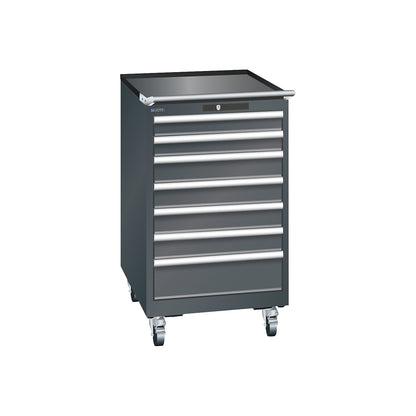 ESD drawer cupboard, mobile, WxDxH 564 x 725 x 990 mm, 7 drawers, 2 x 75 / 4 x 100 / 1 x 150 mm, charcoal.