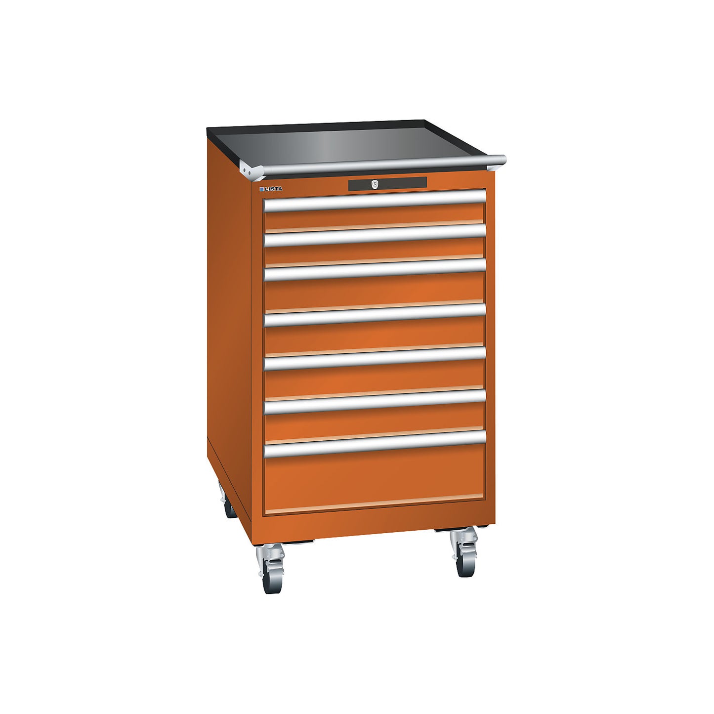 ESD drawer cupboard, mobile, WxDxH 564 x 725 x 990 mm, 7 drawers, 2 x 75 / 4 x 100 / 1 x 150 mm, orange.