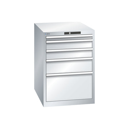 ESD drawer cupboard, WxDxH 564 x 725 x 800 mm, 5 drawers, max. load 75 kg, light grey.