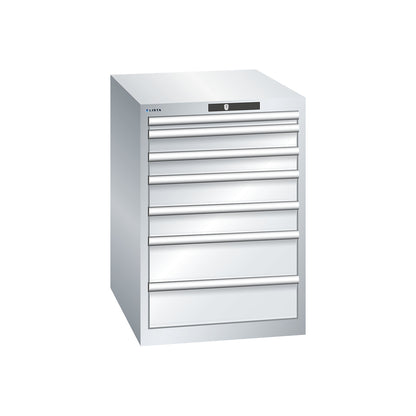 ESD drawer cupboard, WxDxH 564 x 725 x 800 mm, 7 drawers, max. load 75 kg, light grey.