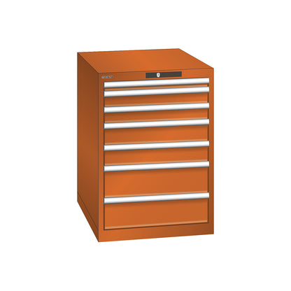 ESD drawer cupboard, WxDxH 564 x 725 x 800 mm, 7 drawers, max. load 75 kg, orange.