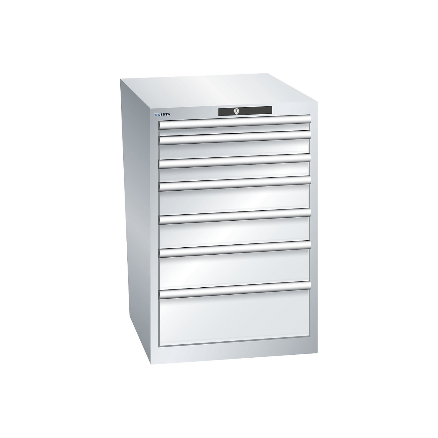 ESD drawer cupboard, WxDxH 564 x 725 x 850 mm, 7 drawers, max. load 75 kg, light grey.