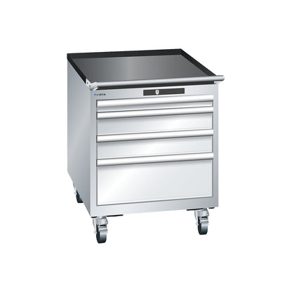 ESD drawer cupboard, mobile, WxDxH 564 x 725 x 723 mm, 4 drawers, 1 x 50 / 2 x 100 / 1 x 200 mm, light grey.