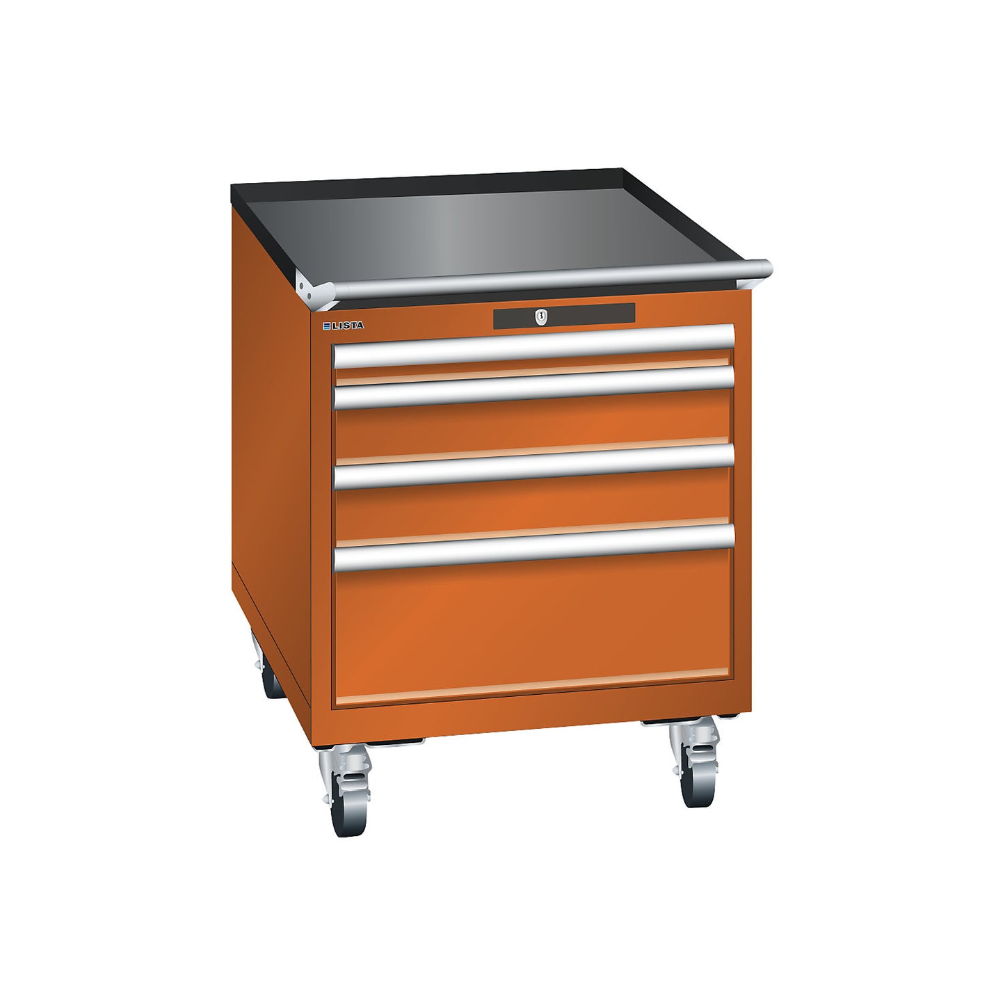 ESD drawer cupboard, mobile, WxDxH 564 x 725 x 723 mm, 4 drawers, 1 x 50 / 2 x 100 / 1 x 200 mm, orange.