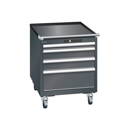 ESD drawer cupboard, mobile, WxDxH 564 x 725 x 723 mm, 4 drawers, 1 x 50 / 2 x 100 / 1 x 200 mm, charcoal.