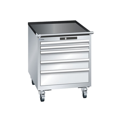 ESD drawer cupboard, mobile, WxDxH 564 x 725 x 723 mm, 5 drawers, 2 x 50 / 2 x 100 / 1 x 150 mm, light grey.