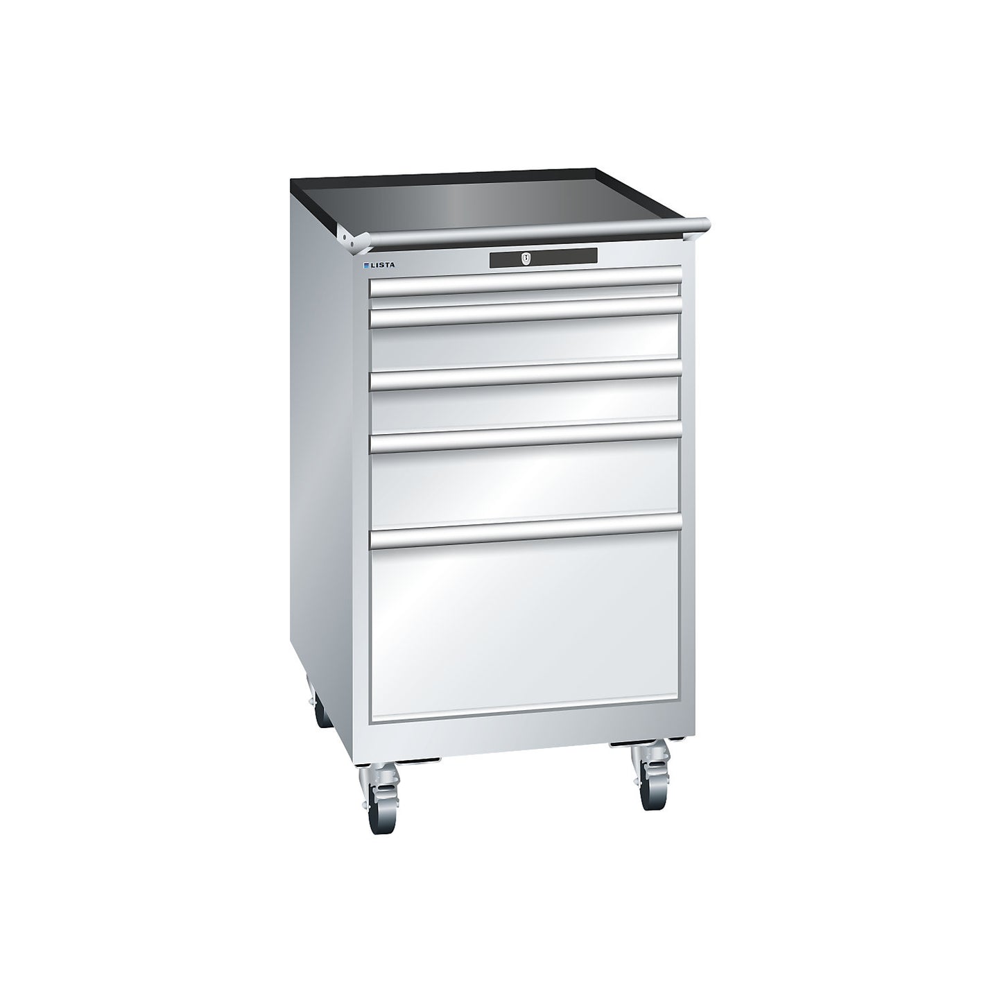 ESD drawer cupboard, mobile, WxDxH 564 x 725 x 990 mm, 5 drawers, 1 x 50 / 2 x 100 / 1 x 150 / 1 x 300 mm, light grey.