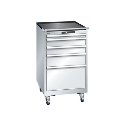 ESD drawer cupboard, mobile, WxDxH 564 x 725 x 990 mm, 5 drawers, 1 x 50 / 2 x 100 / 1 x 150 / 1 x 300 mm, light grey.