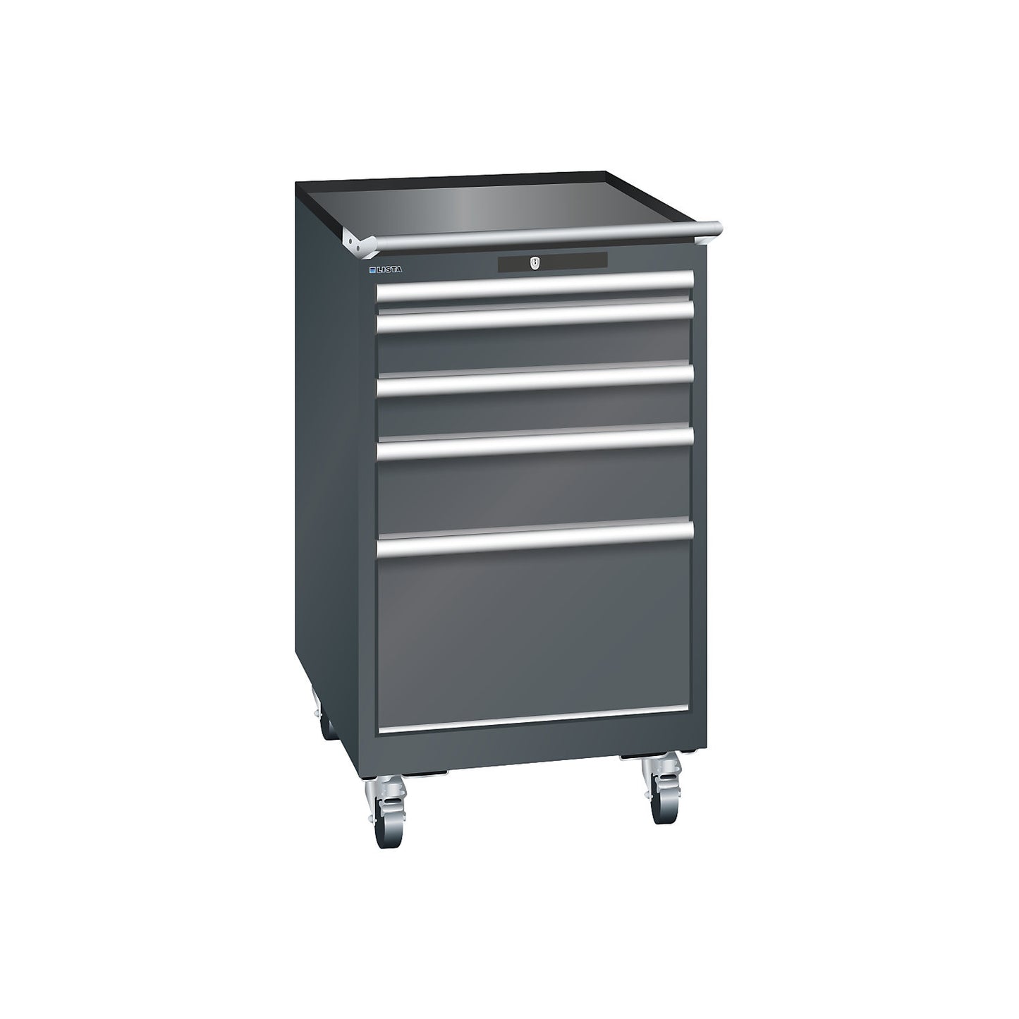 ESD drawer cupboard, mobile, WxDxH 564 x 725 x 990 mm, 5 drawers, 1 x 50 / 2 x 100 / 1 x 150 / 1 x 300 mm, charcoal.
