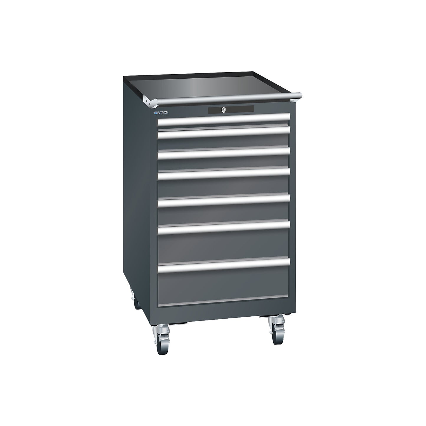 ESD drawer cupboard, mobile, WxDxH 564 x 725 x 990 mm, 7 drawers, 1 x 50 / 2 x 75 / 2 x 100 / 2 x 150 mm, charcoal.