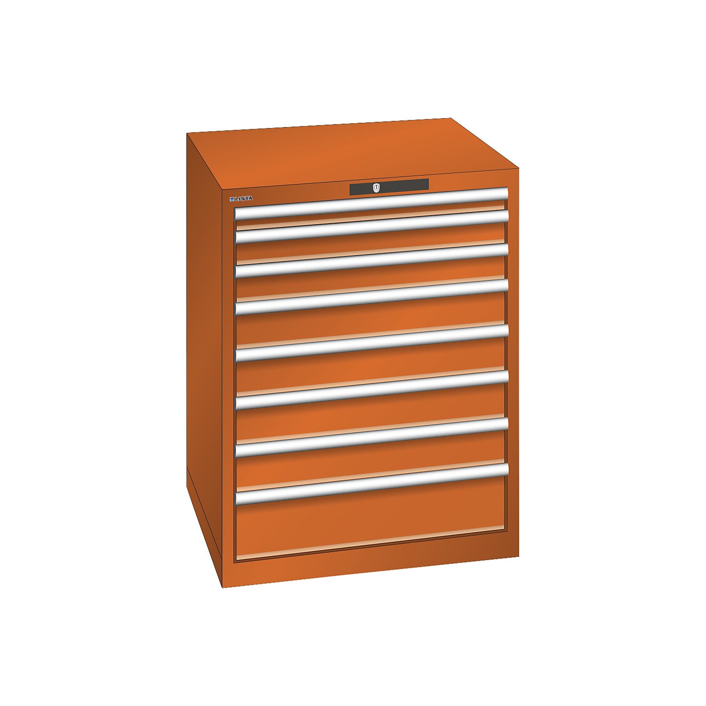 ESD drawer cupboard, WxDxH 717 x 725 x 850 mm, 8 drawers, max. load 75 kg, orange.