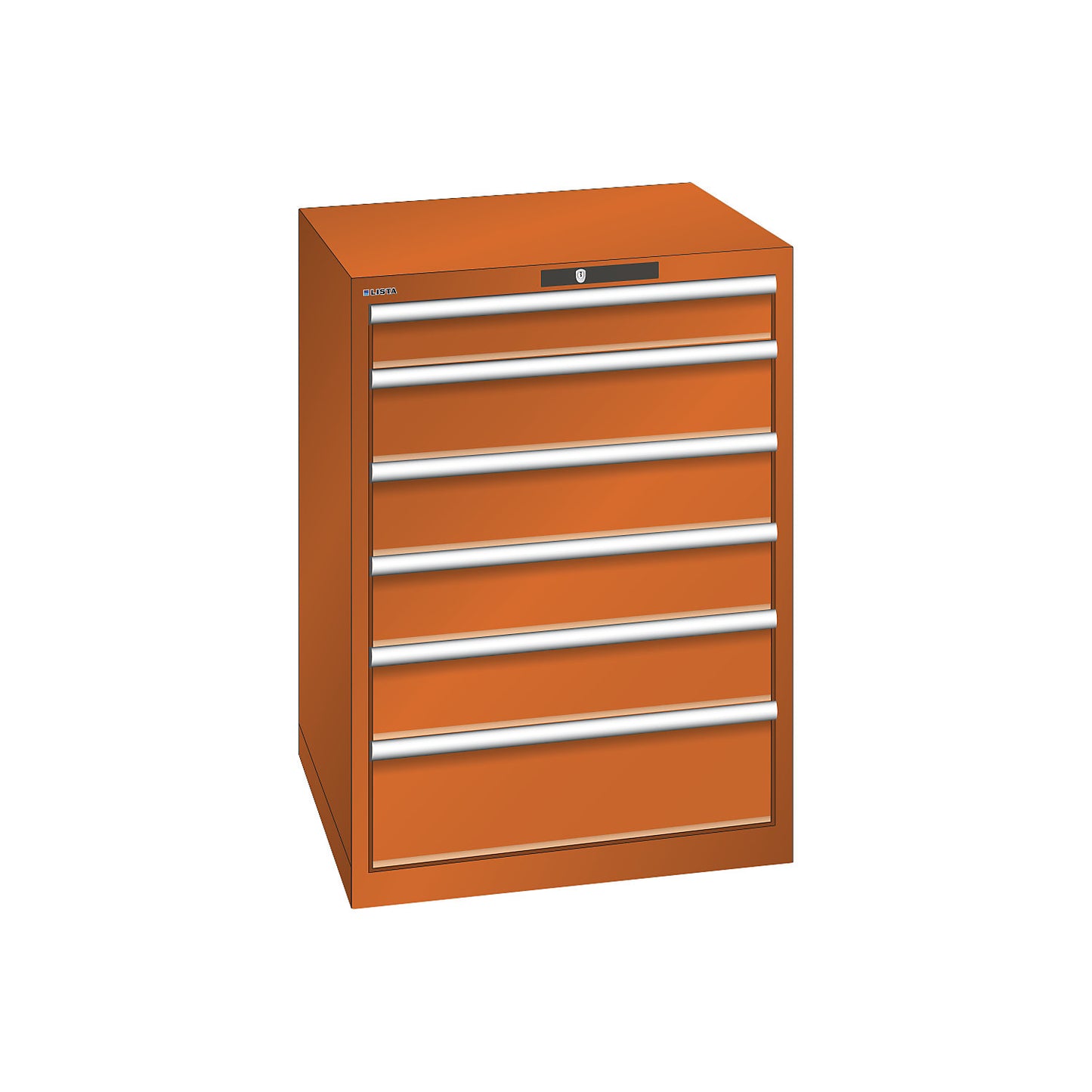 ESD drawer cupboard, WxDxH 717 x 725 x 1000 mm, 6 drawers, max. load 75 kg, orange.