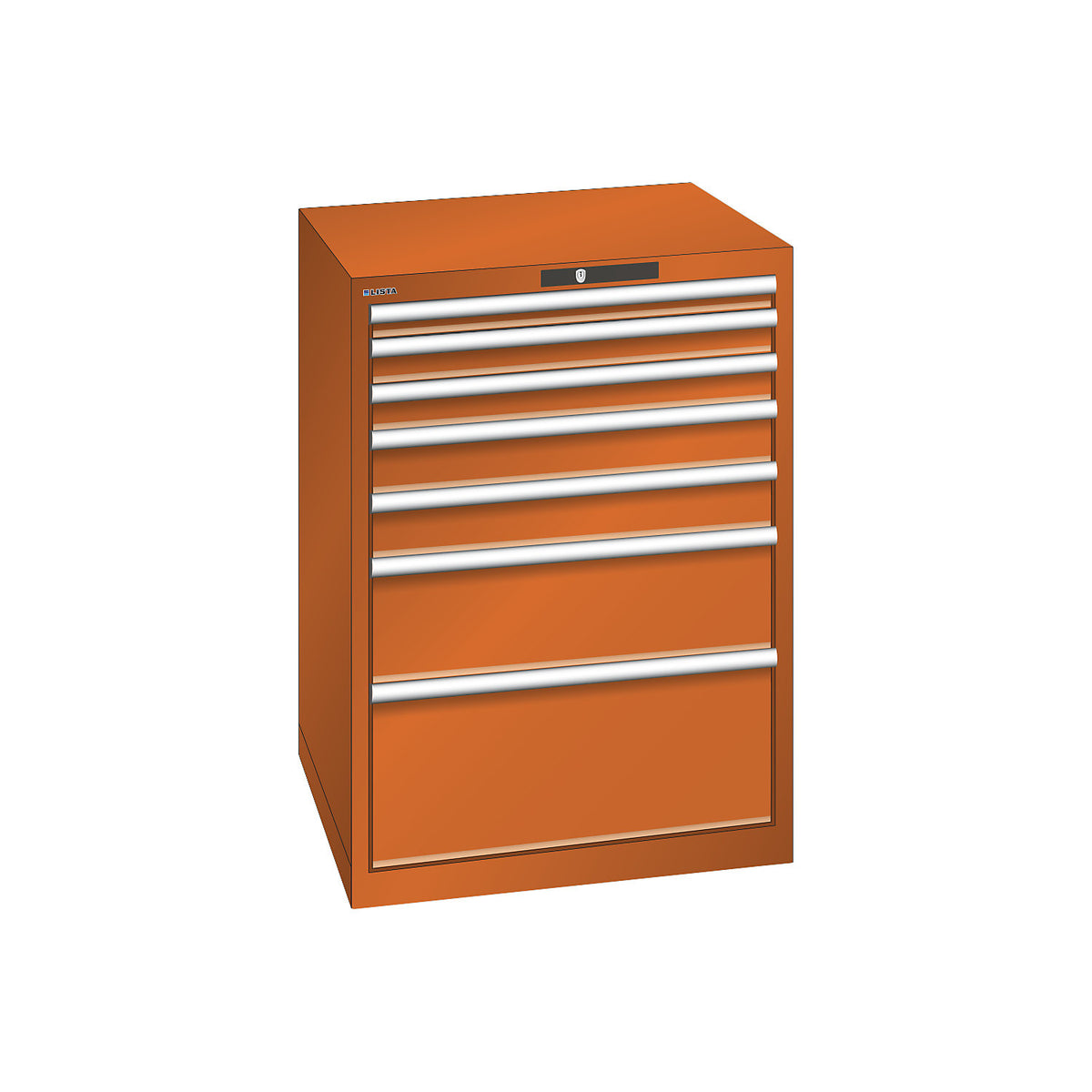 ESD drawer cupboard, WxDxH 717 x 725 x 1000 mm, 7 drawers, max. load 75 kg, orange.