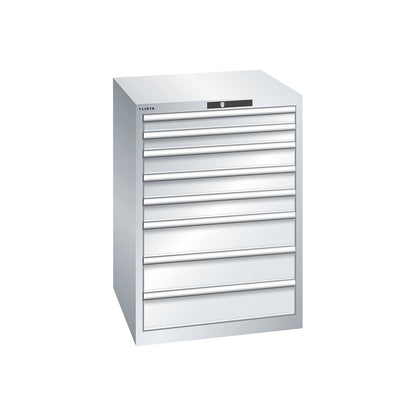 ESD drawer cupboard, WxDxH 717 x 725 x 1000 mm, 8 drawers, 75/100/150 mm, max. load 75 kg, light grey.