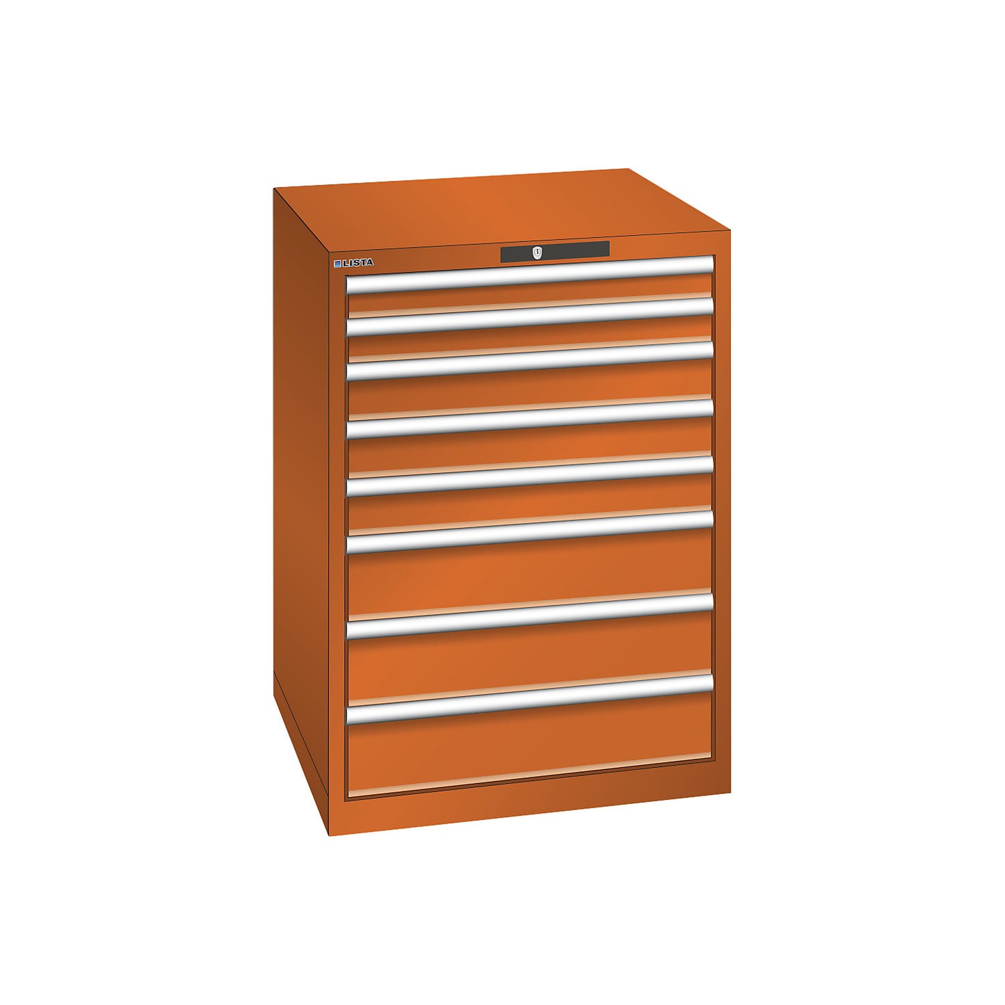 ESD drawer cupboard, WxDxH 717 x 725 x 1000 mm, 8 drawers, 75/100/150 mm, max. load 75 kg, orange.