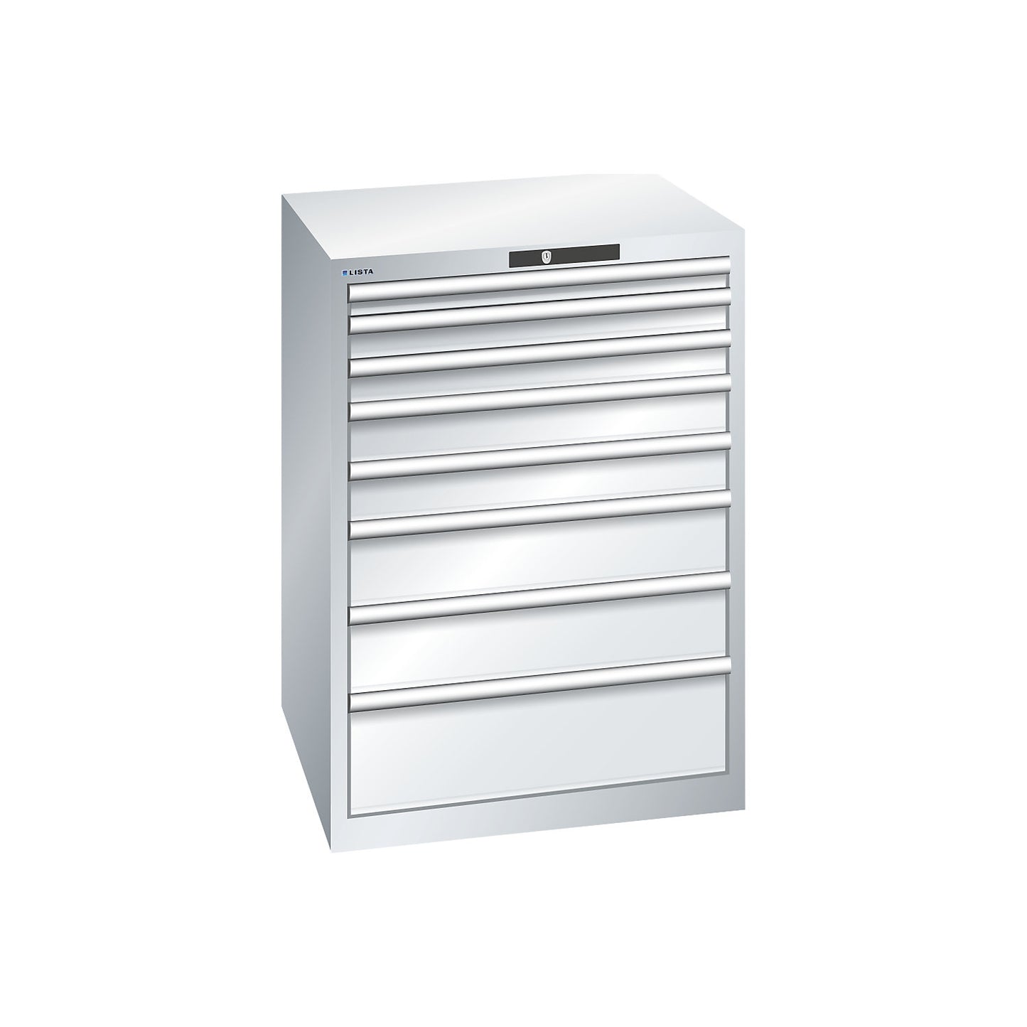 ESD drawer cupboard, WxDxH 717 x 725 x 1000 mm, 8 drawers, 50/75/100/150/200 mm, max. load 75 kg, light grey.