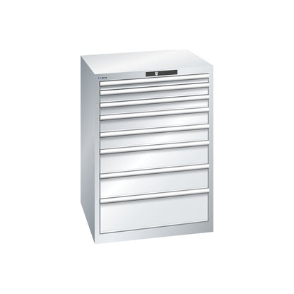 ESD drawer cupboard, WxDxH 717 x 725 x 1000 mm, 8 drawers, 50/75/100/150/200 mm, max. load 75 kg, light grey.