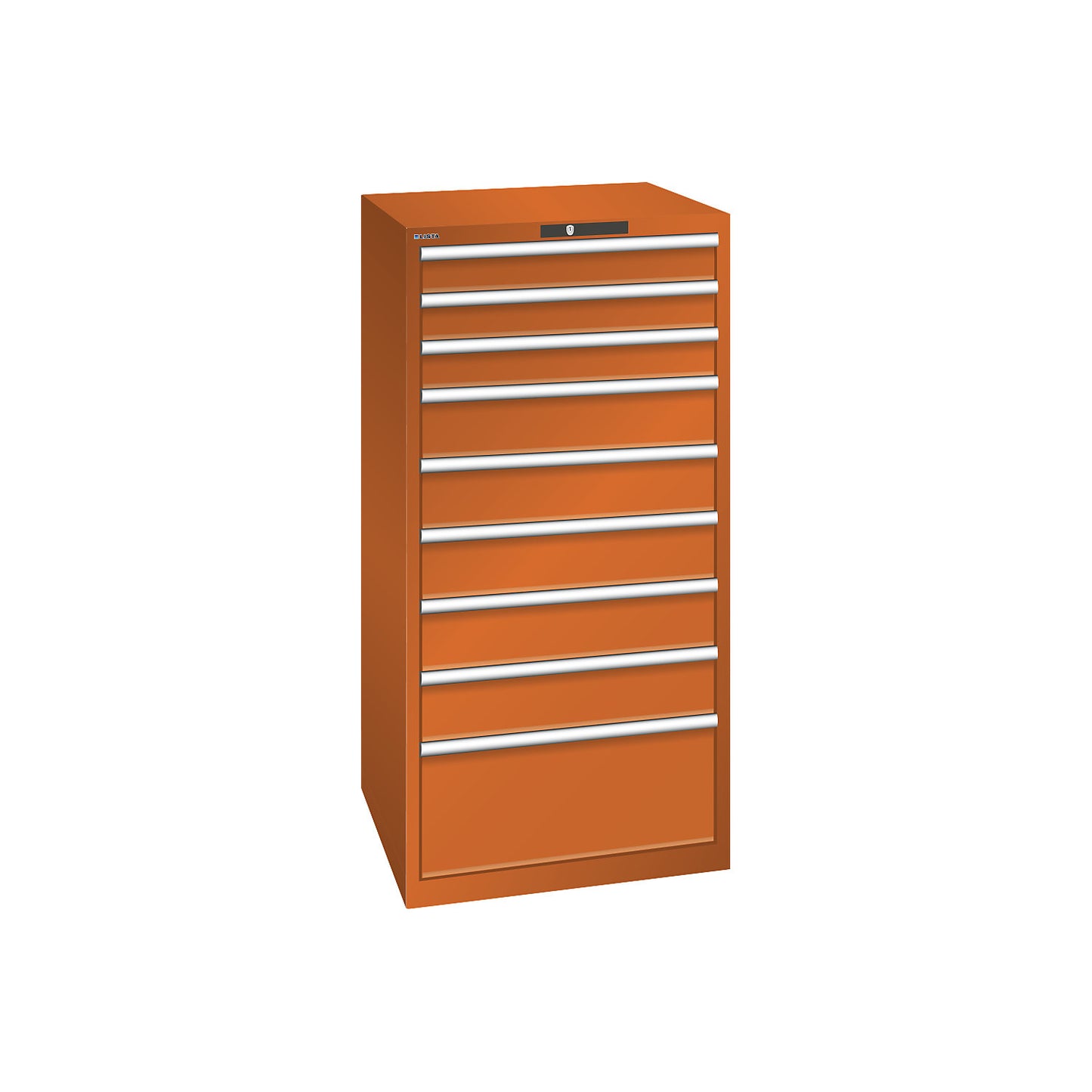 ESD drawer cupboard, WxDxH 717 x 725 x 1450 mm, 9 drawers, max. load 75 kg, orange.