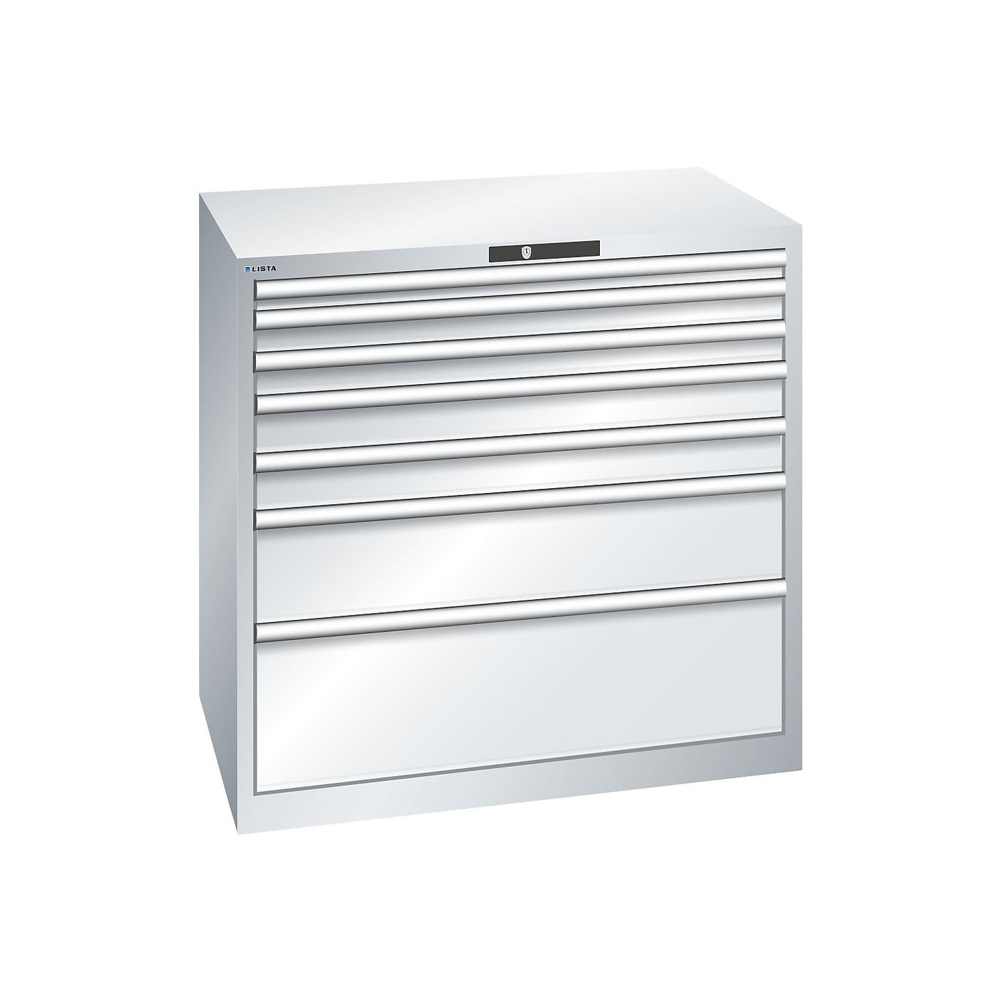 ESD drawer cupboard, WxDxH 1023 x 725 x 1000 mm, 7 drawers, max. load 200 kg / 1 x 50 mm with 75 kg, light grey.