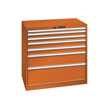 ESD drawer cupboard, WxDxH 1023 x 725 x 1000 mm, 7 drawers, max. load 200 kg / 1 x 50 mm with 75 kg, orange.
