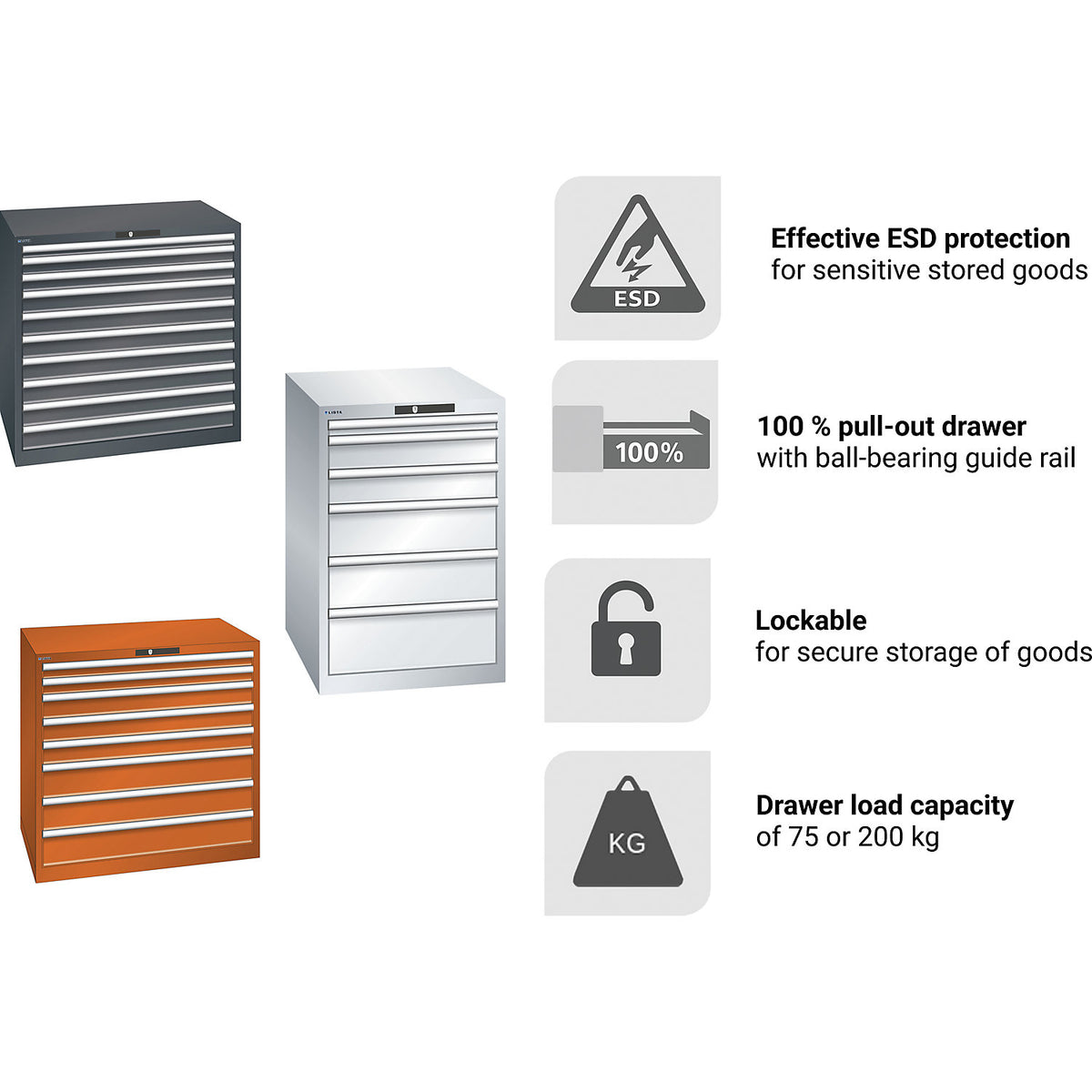 ESD drawer cupboard, WxDxH 1023 x 725 x 1000 mm, 10 drawers, max. load 200 kg, charcoal.